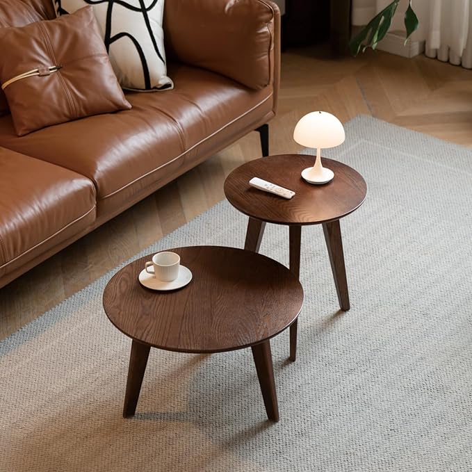 100% Solid Oak Wood Coffee Table Set, Round Coffee Table Combo Side Table w/Solid Wood Legs, Mid Century Table Sturdy Tables for Bedroom Balcony Living Room (Walnut, 3 Pieces)-HomvellaHome