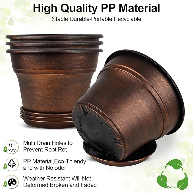 10 Inch Planters Plant Pots Indoor Outdoor, 4 Pack Plastic Flower Pot for Indoor Plants with Drainage Holes & Trays, Resin Decorative Container Sets with Saucer for House Garden Copper-HomvellaHome