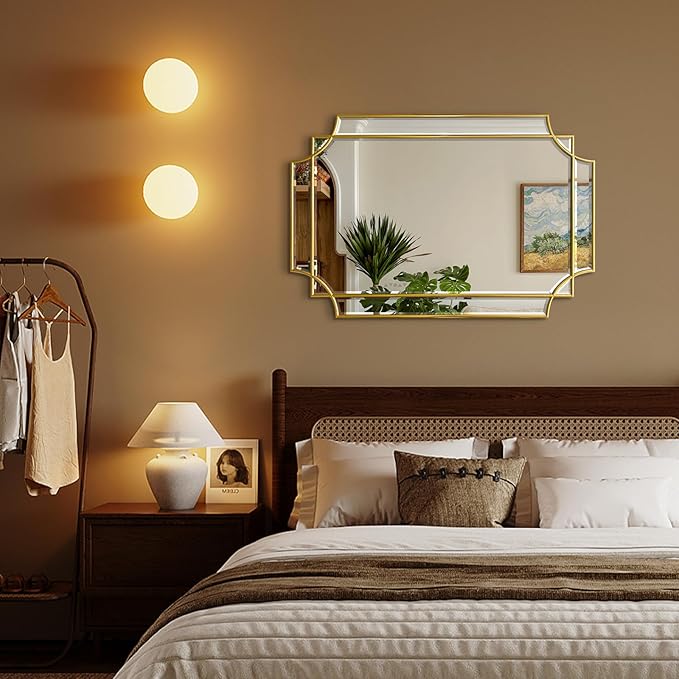 Gold Mirror for Wall, 36x24 Gold Wood Framed, Scalloped Beveled Polished Rectangle Mirror, Large Decorative Mirrors for Wall Decor, Irregular Mirror for Living Room, Bathroom Vanity, Entryway-HomvellaHome