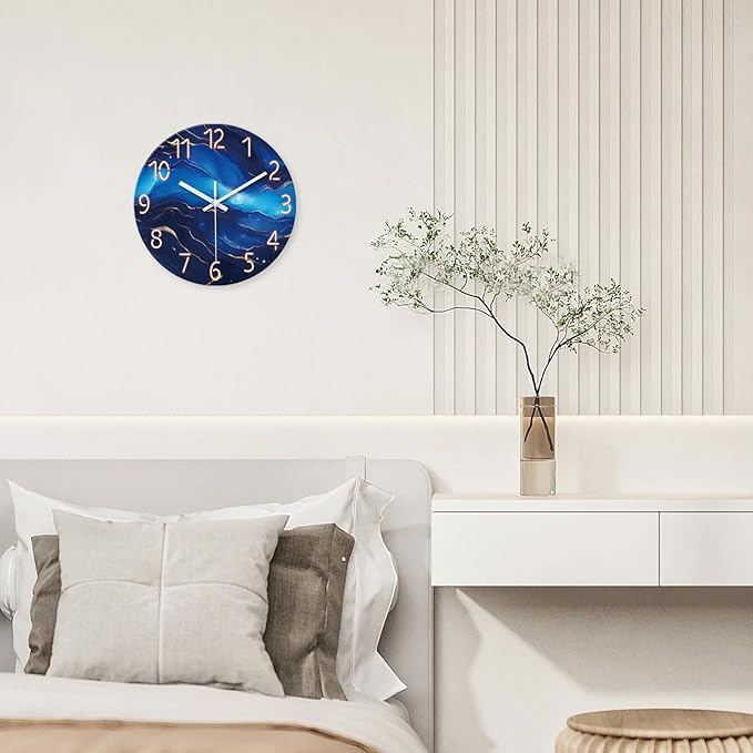 Glass Wall Clocks Battery Operated 14 Inch Modern Abstract Wall Clock for Bedroom Blue Wall Clock Silent Non Ticking-HomvellaHome