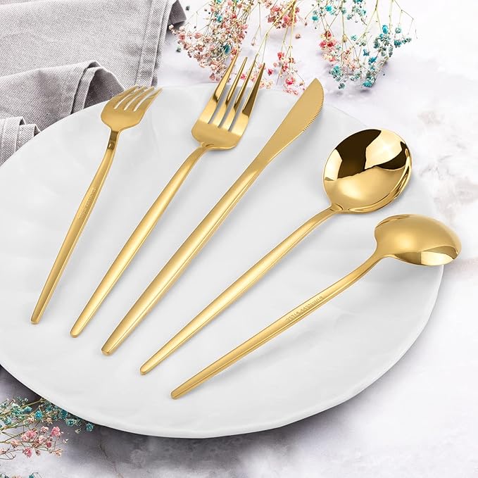 Gold Silverware Set, KassKa 40 Pieces Flatware Cutlery Set, Stainless Steel Utensils Set Spoon Fork Knives Set for Home Restaurant and Kitchen, Mirror Polished Finished, Service for 8-HomvellaHome