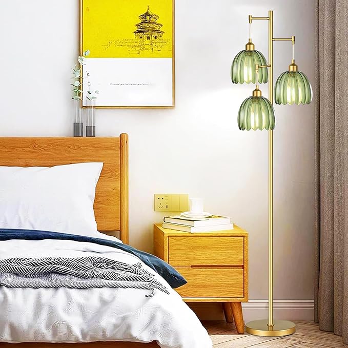 Gold Floor Lamp for Living Room,Bedroom,Mid Century Modern Standing Lamp Brass Tree 3 Light Tall Floor Lamps Vintage Retro Floor Lights Glass Green Flower Lamp Shade Farmhouse Boho Bohemian-HomvellaHome