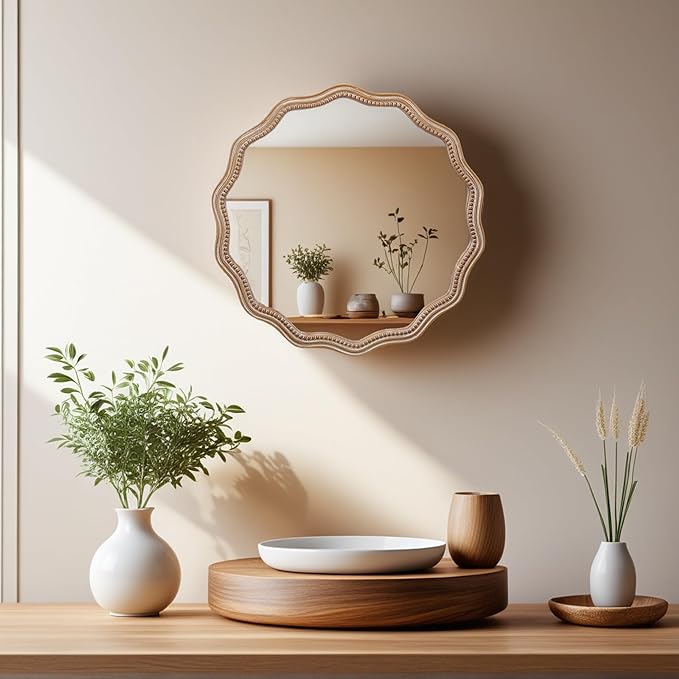 Round Mirror Vanity Mirrors for Bathroom with Wavy Wood & Beaded Frame - Wall Mirrors for Living Room,Entry Mirrors for Wall,Decorative Mirror-HomvellaHome