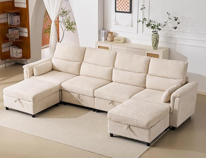 132'' Oversized Modular Sectional Sofa, U Shaped Comfy Sectional Couch with Large Storage, 6 Seat Chenille Deep Seat Cloud Sofa with 2 Throw Pillows for Living Room,Beige-HomvellaHome