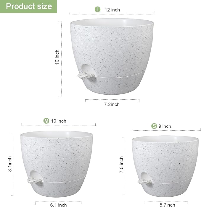 12/10/9 inch Large Self Watering Pots, Plant Pots with Mesh Drainage Holes for Indoor Outdoor Garden Plants, Flower Pots with Deep Reservoir, Set of 3 Plastic Planters, Specked White-HomvellaHome
