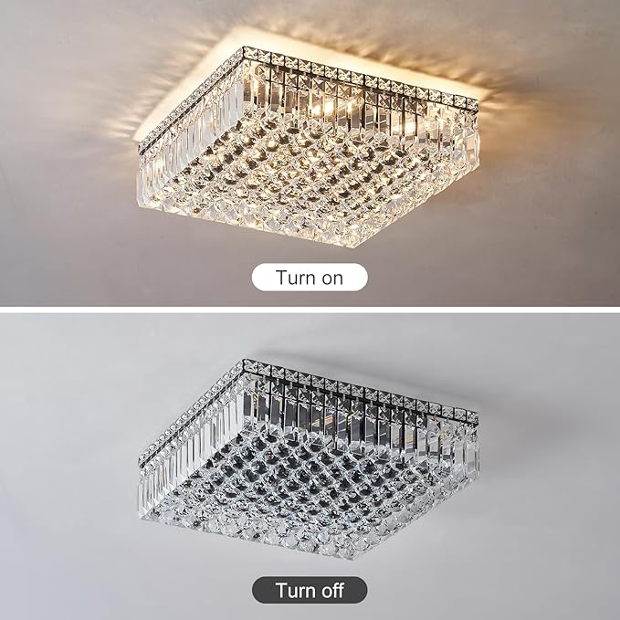 12-Lights Black Crystal Flush Mount Ceiling Light Fixtures,Elegant Crystal Chandelier Pendant Ceiling Lamp for Bedroom,Living Room,Dining Room,Hallway H5.9 x W20 x L20 (Bulb Not Included)Square-HomvellaHome