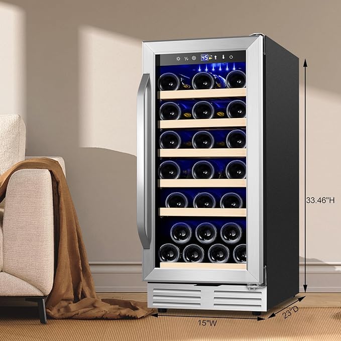 15 Inch Wine Fridge 32 Bottles Wine Cooler Refrigerator Undercounter Wine Fridge with Glass Door, LED Light, Removable Wooden Shelves, Built-in or Freestanding Wine Refrigerator for Home Office Bar-HomvellaHome