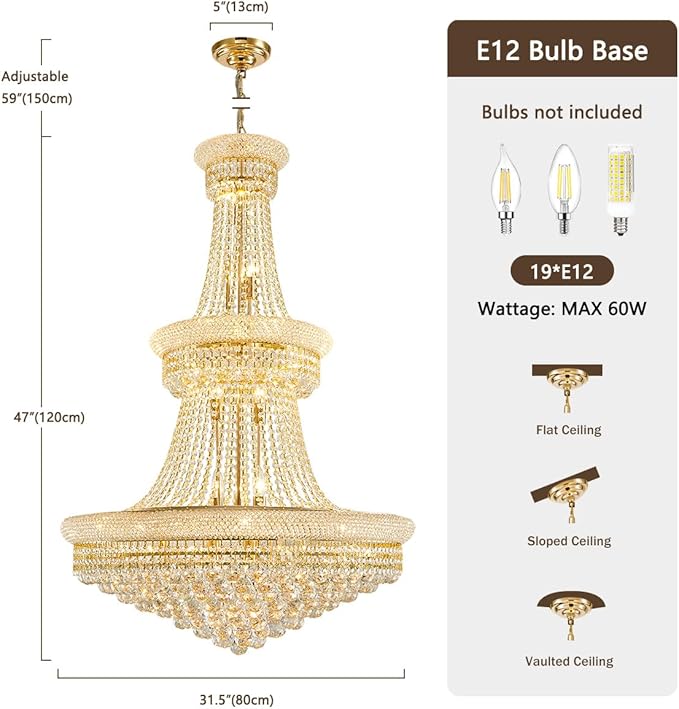 19-Lights High Ceiling Chandelier Modern Gold Crystal Chandeliers Large Foyer Chandelier Fixtures for Staircase Living Room Hallway Entryway (H47 x W31.5)-HomvellaHome