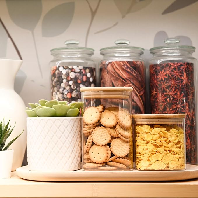 Glass Food Storage Jars Square 37oz, 4 Pack Glass Jars With Bamboo Lids, Kitchen Storage Containers For Spice, Candy, Cookie, Storage For Pantry Organizers-HomvellaHome