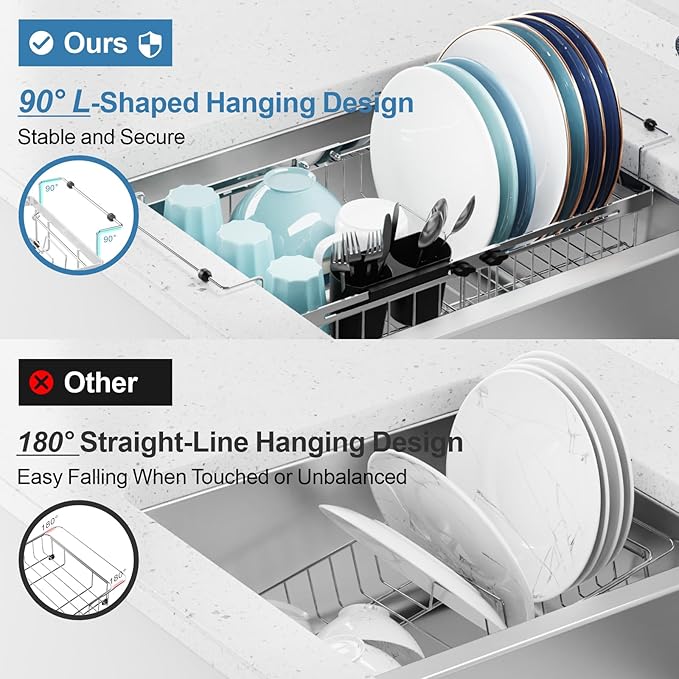 GSlife Expandable in Sink Dish Drying Rack - Capacity Adjustable Stainless Steel Over The Sink Dish Drainer with 2 Cup Holder and Utensil Holder for Kitchen Sink, 10.8"~17.9" L x 14.2" W, Silver-HomvellaHome