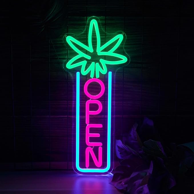 Green Leaf Neon Sign Dimmable Open Neon Lights for Wall Decor LED Neon Sign by USB Powered LED Neon Open Sign For Dispensary Beer Bar Man Cave Coffee Store Hotel Wall Party Decorations 16.8''x7''-HomvellaHome