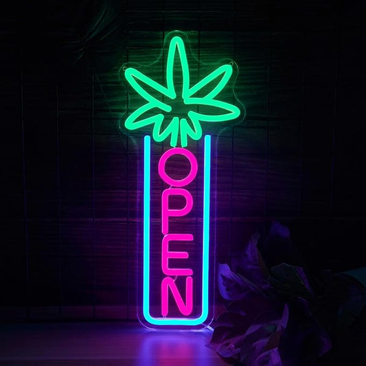 Green Leaf Neon Sign Dimmable Open Neon Lights for Wall Decor LED Neon Sign by USB Powered LED Neon Open Sign For Dispensary Beer Bar Man Cave Coffee Store Hotel Wall Party Decorations 16.8''x7''-HomvellaHome