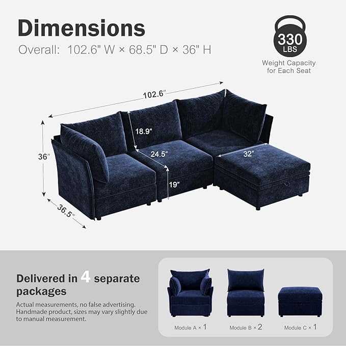 102.6" Modular Sectional Sofa, L Shaped Couch Set for Living Room, 3-Seater Comfy Cloud Couches with Movable Storage Ottoman,DIY Combination - Chenille Blue-HomvellaHome