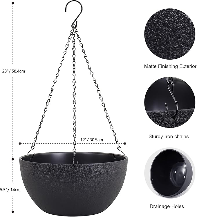 12 inch Large Hanging Planters for Indoor Outdoor Plants, 2 Pack Hanging Flower Pots with Drainage Holes and Chain for Garden Porch Plants, Plastic Hanging Baskets for House Plants, Black-HomvellaHome