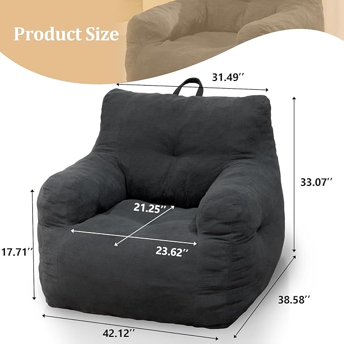 Giant Bean Bag Chair, Large Bean Bag Chair for Adults, Fluffy and Comfy Bean Bag Chair with Filler, Big Bean Bag Sofa Chair for Reading, Stuffed High-Density Foam, Grey-HomvellaHome
