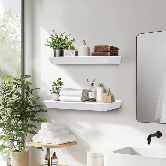 16"x6.8"x1.6" Slanted Floating Wall Shelves 2-Pack - Rustic White Finish, Heavy-Duty Solid Wood Design with Hidden Brackets - Perfect for Living Room, Kitchen, Bathroom, or Office-HomvellaHome