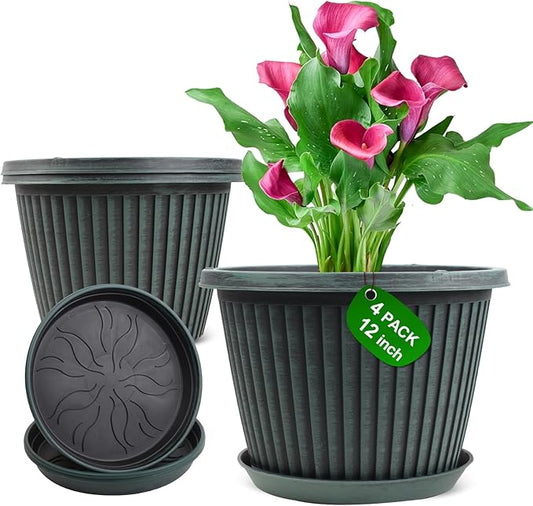 12 inch Plant Pots Indoor Outdoor, 4 Pack Large Planter, Plastic Flower Pots with Saucer and Drainage Holes, Modern Decorative Resin Garden Pots for House Plants-HomvellaHome