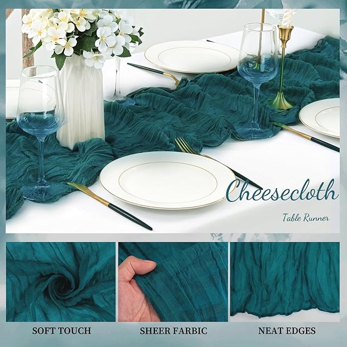 12 Pack Teal 10FT Cheesecloth Table Runner Rustic Gauze Cheese Cloth Table Runner for Wedding Bridal Baby Shower Table Decorations Boho Fabric Sheer Birthday Party Table Decor 20 x 120 Inch Long-HomvellaHome