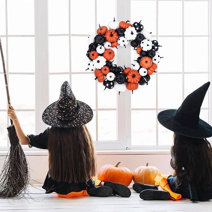 GarveeHome Halloween Pumpkin Wreath for Front Door, 18 Inch Fall Farmhouse Wreath with Orange, Black and White Pumpkins, Rattan Bottom Halloween Indoor Outdoor Home Party Decor-HomvellaHome