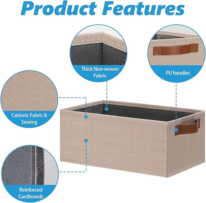 GhvyenntteS Small Fabric Storage Bins 6 Pack, 11.8" x 7.87" x 5.11" Storage Basket with Leather Handles, Closet Storage Bins for Shelves, Storage Baskets for Shelves, DVD Storage (Beige Yellow)-HomvellaHome