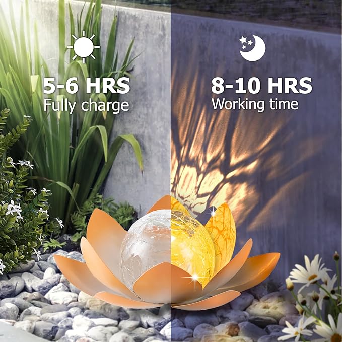 Garden Solar Light Outdoor(2Pack),Crackle Globe Glass Lotus Decoration, Waterproof Metal LED Flower Lights for Patio,Lawn,Walkway,Tabletop,Ground-HomvellaHome