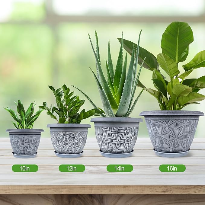 10 Inch Flower Pots Planters for Indoor Outdoor Plants, 3 Pack Plastic Large Plant Pots with Drainage Hole & Tray, Modern Decorative Garden Pot with Saucer, Plant Container for House-HomvellaHome