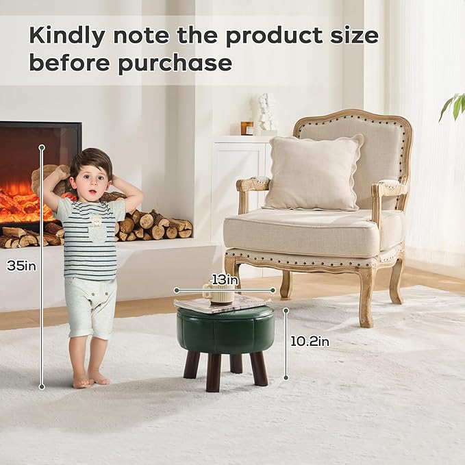 13in Small Foot Stool Ottoman, Round Faux Leather Foot Rest for Couch, Under Desk Pouf Footstool Footrest with Non-Skid Rubber Legs for Ling Room, Bedroom, 13''L x 13''W x 10.2''H, Green-HomvellaHome