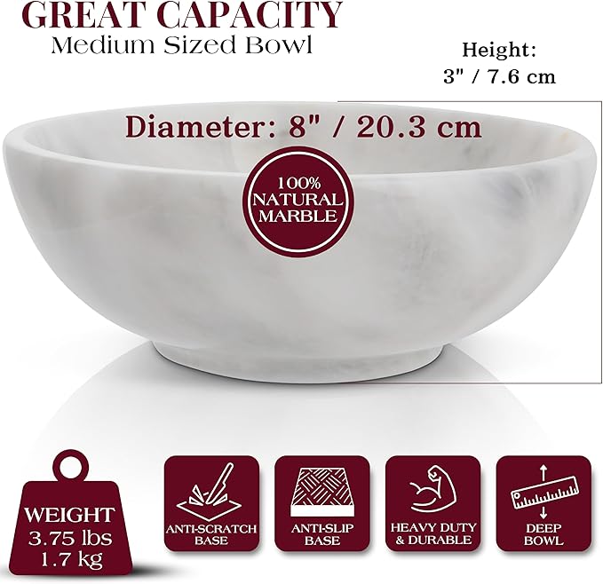 Gusto Nostro 8" Luxury White Marble Decorative Bowl for Coffee Table - Elegant Modern Fruit Bowl for Kitchen Counter - Heavy Stone Entryway Catch all for Keys, Jewelry, Potpourri Holder - Medium Size-HomvellaHome