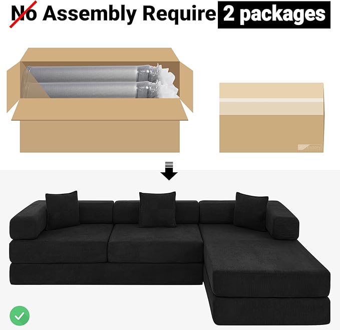 108" Oversized Convertible Sleeper Sofa Bed, Corduroy L Shape Sectional Couch, Folding Sofa Bed with Side Pocket, Modern Cloud Floor Mattress Couch, Modular Sofa for Living Room, Black-HomvellaHome