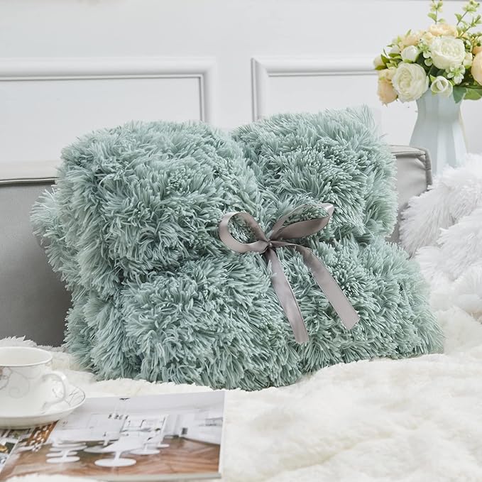GONAAP Fuzzy Faux Fur Throw Blanket Queen Size Ice Blue Super Soft Cozy Plush Fuzzy Shaggy Blanket for Couch Sofa Bed (Ice Blue, Queen(90"x90"))-HomvellaHome