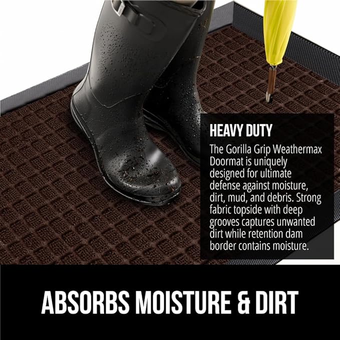 GORILLA GRIP 100% Waterproof All-Season WeatherMax Doormat 35x23, US Designed Natural Rubber, Stain and Fade Resistant, Low Profile Indoor Outdoor Door Mats, Easy Clean Patio Mat, Coffee Squares-HomvellaHome