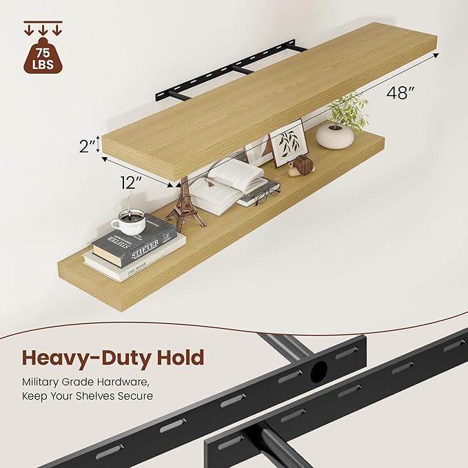 12 Inch Deep Floating Shelves 48 inch Long, 48 x 12 Wide Wall Shelves with Invisible Brackets, Heavy Duty Shelf for Bedroom Bathroom Living Room Kitchen Office Home Decor, Modern Shelf Set of 2, Oak-HomvellaHome