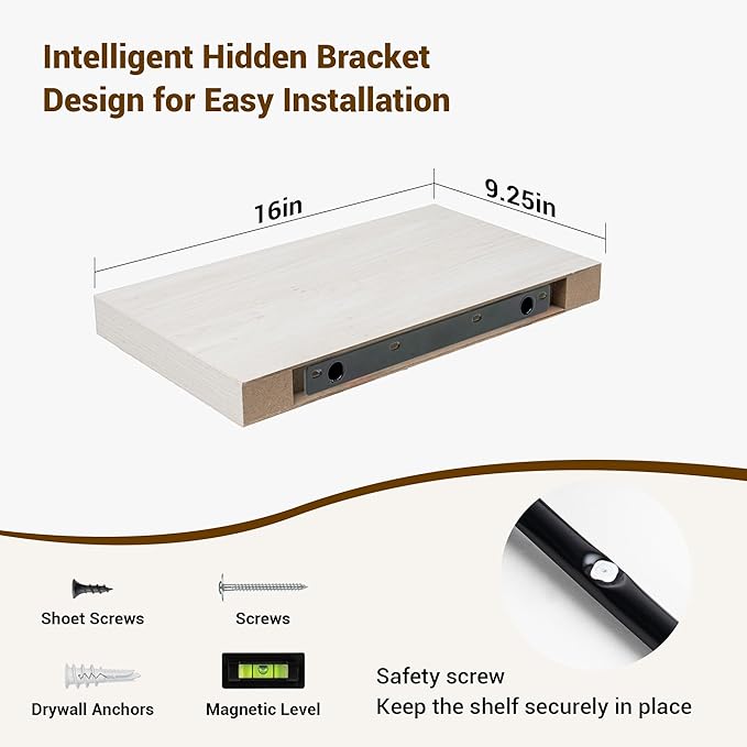 16 Inch Floating Shelves, 16"x9.25"x1.5" Inch Deep Floating Shelves for Wall, Wooden Shelves for Bathroom, Bedroom, Living Room, Cream White Oak-HomvellaHome