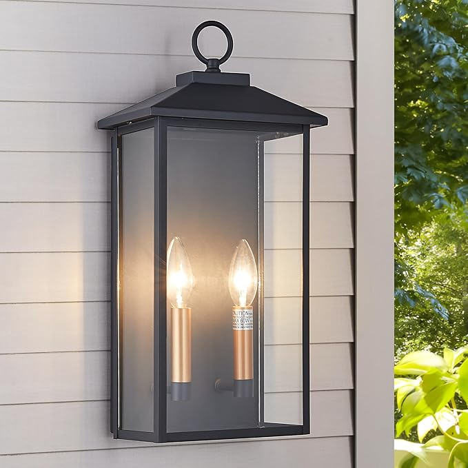 18 Inch Wall Light in Clear Glass and Textured Black and Golden Candle Cap Sleeve,Outdoor Lighting Wall Sconce,2-Light 120watts for House Doorway Garage,Bulb Not Included.-HomvellaHome