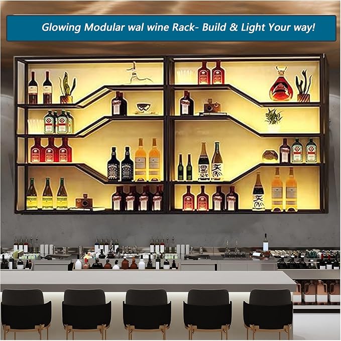 105in Large Wall Mounted Wine Rack with LED Light, 5-Tiers Liquor Bottles Display Shelf with Glasses Holder, Metal Home Bar Shelves with Iron Frame for Kitchen Dining Room (Black, 105in/8.72ft)-HomvellaHome