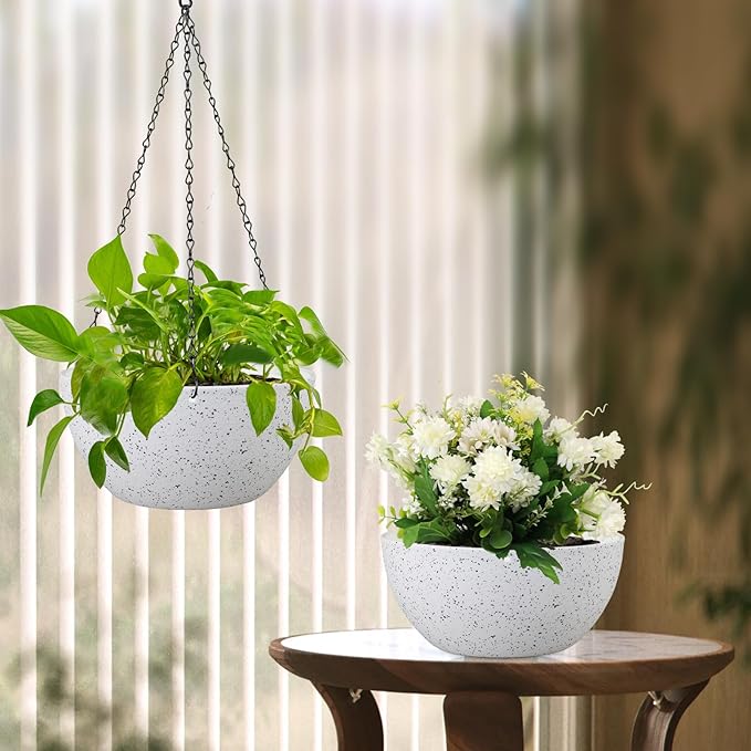 10 inch Hanging Planters for Indoor Outdoor Plants, 2 Pack Hanging Flower Pots with Drainage Holes and Chain for Garden Porch, Plastic Hanging Baskets for House Plants, Speckled White-HomvellaHome