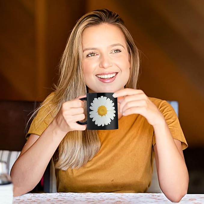 12Oz Daisy Black Ceramic Mug, Mug for Daily Coffee and Tea, Lead-free, Microwave and Dishwasher Safe Coffee Mug, Perfect gifts for women and men-HomvellaHome