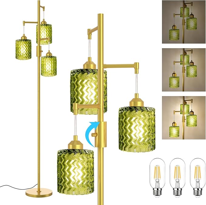 Gold Floor Lamp for Living Room, Vintage 3-Light Green Glass Standing Lamp, Brass Base Mid Century Modern, Retro Tree Design Tall Floor Lamps-HomvellaHome