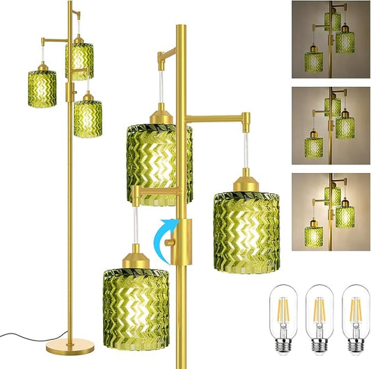 Gold Floor Lamp for Living Room, Vintage 3-Light Green Glass Standing Lamp, Brass Base Mid Century Modern, Retro Tree Design Tall Floor Lamps-HomvellaHome
