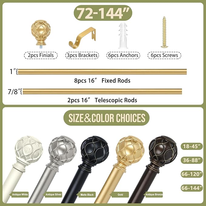 Gold Adjustable Curtain Rods for Windows:72-144 Inch Farmhouse Heavy Duty Long Curtain Rod for Bedroom Living Room,Boho Decorative Rustic Drapery Rods with Vintage Coastal Finials,Brass Gold-HomvellaHome