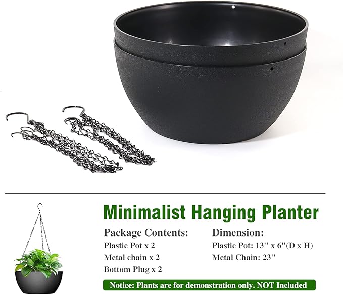 13 inch Large Hanging Planters Plant Pots for Outdoor Indoor Plants with Drainage Holes and Chain, 2 Pack Round Hanging Flower Pots for Garden Home Porch Decor, Black-HomvellaHome