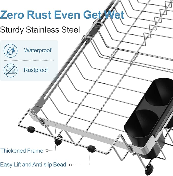 GSlife Stainless Steel Dish Drying Rack - Capacity Expandable in Sink Dish Drainer with Silicone Mat, Over Sink Dish Rack with Utensil Holder for Kitchen Counter, Large Capacity, Silver-HomvellaHome