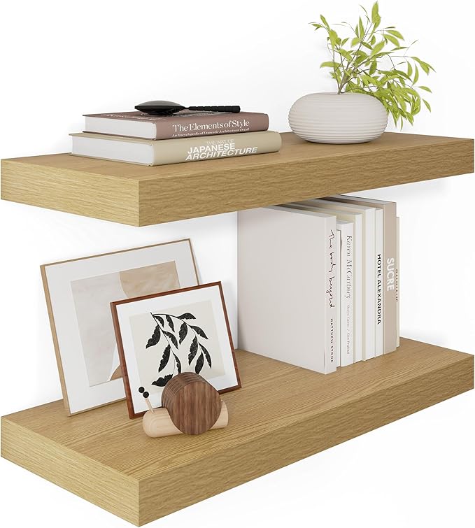 12 Inch Deep Floating Shelves 24 inch Long, 24 x 12 Wide Wall Shelves with Invisible Brackets, Heavy Duty Shelf for Bedroom Bathroom Living Room Kitchen Office Home Decor, Modern Shelf Set of 2, Oak-HomvellaHome