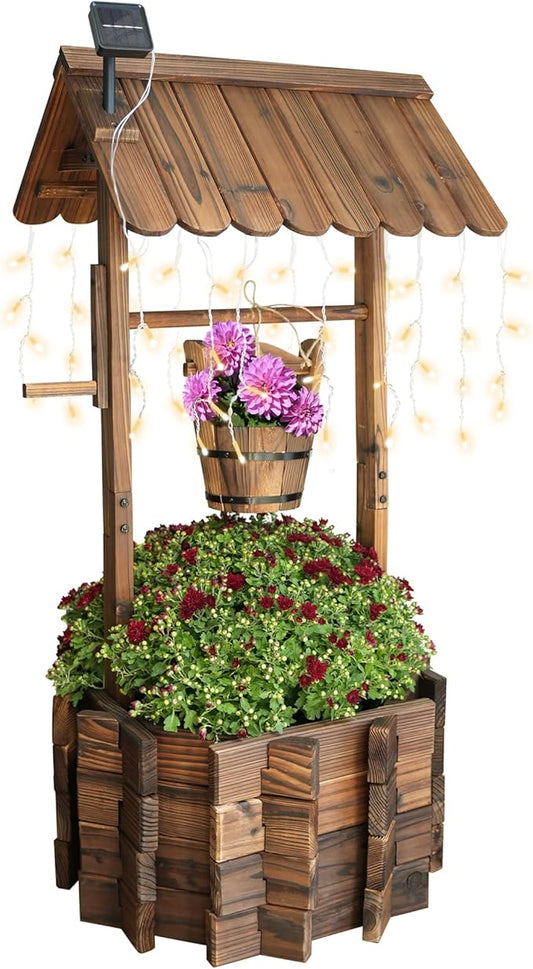 Garden Wooden Decor Rustic Wishing Well with Light Planter Outdoor Home Décor for Patio, Upgrade Wishing Well Garden, Yard Hanging Bucket Patio Lawn Backyard Home Decor-HomvellaHome