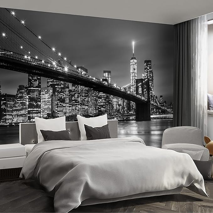 Gray Brooklyn Bridge at Night NYC Wall murals New York Peel and Stick Wallpaper for Bedroom Living Room - 96"x137"-HomvellaHome