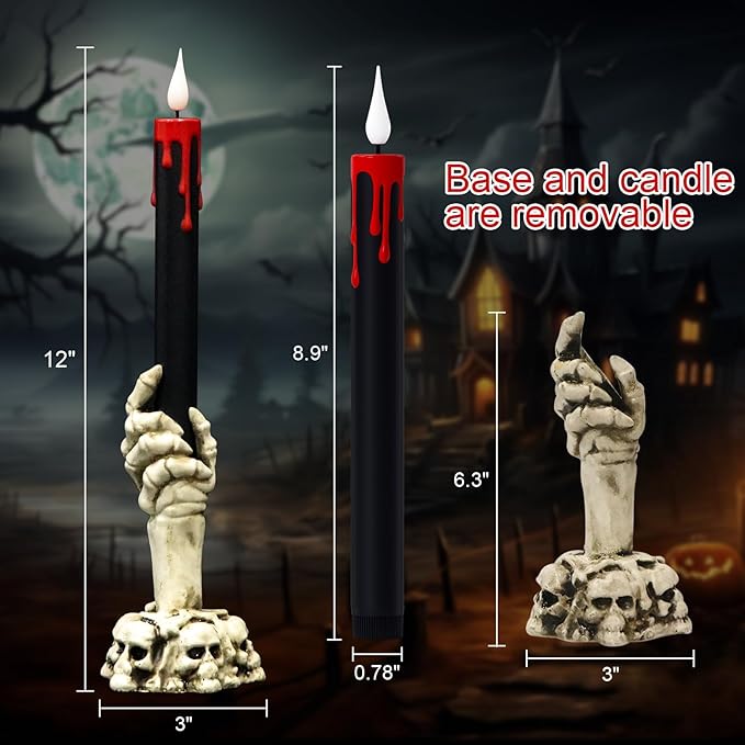 GenSwin Halloween Black Taper Flameless Candles with Ghost Hand Candlesticks and Remote Timer, 2 Pcs Battery Operated Taper Candles with Holder and 3D Flame for Halloween Decor-HomvellaHome