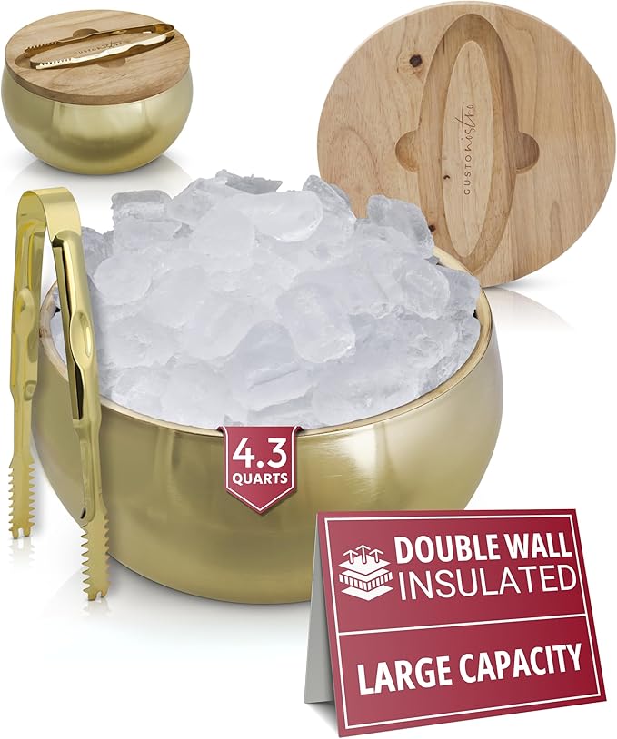 Gusto Nostro 4.1L Insulated Ice Bucket with Lid and Tongs, Double Wall Stainless Steel Ice Bucket Large, BPA Free Ice Bucket for Cocktail Bar, Keeps Champagne, Wine, Beer Chill for Parties (Gold)-HomvellaHome