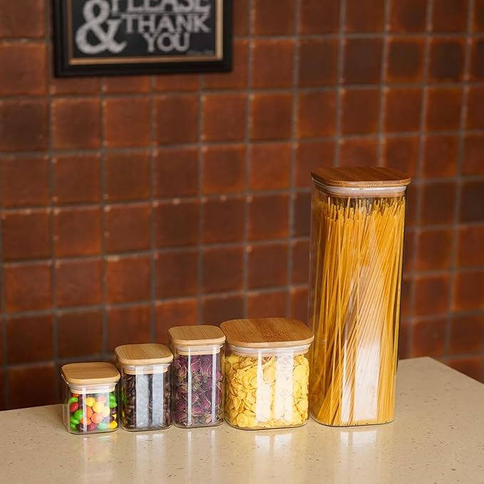 Glass Food Storage Jars Square 61oz, 3 Pack Glass Jars With Bamboo Lids, Kitchen Storage Containers For Spice, Candy, Cookie, Storage For Pantry Organizers-HomvellaHome