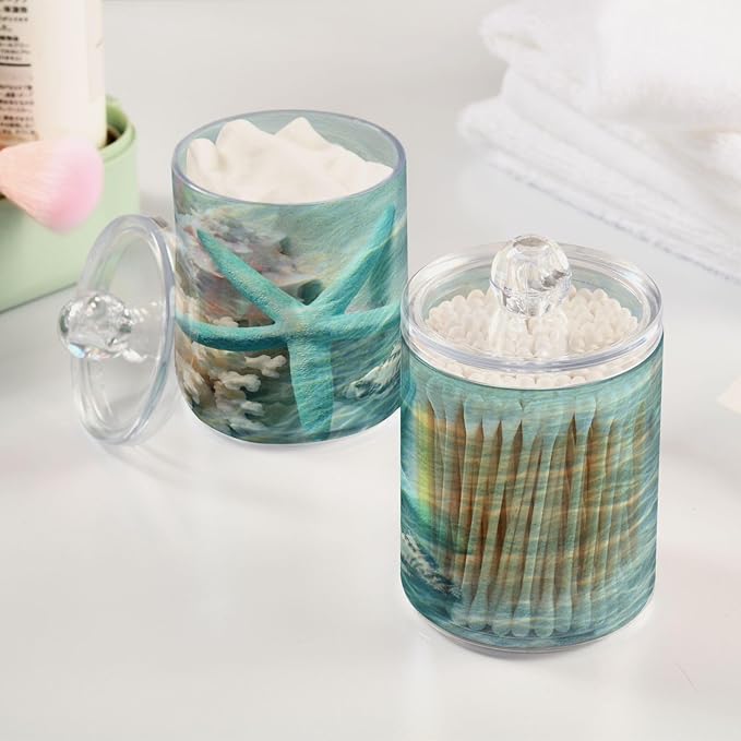 2 Pack Qtip Holder Organizer Dispenser Seashell Starfish Summer Beach Bathroom Storage Canister Cotton Ball Holder Container for Cotton Swabs/Pads/Floss-HomvellaHome