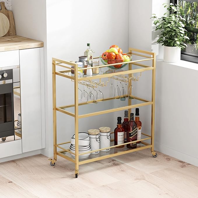 Glass Gold Bar Carts for Home with Hanging Wine Rack - Home Bar Serving Cart with 3 Mirrored Shelves, Kitchen Bar Carts, Wine Cart for Entertaining, Club Party.-HomvellaHome